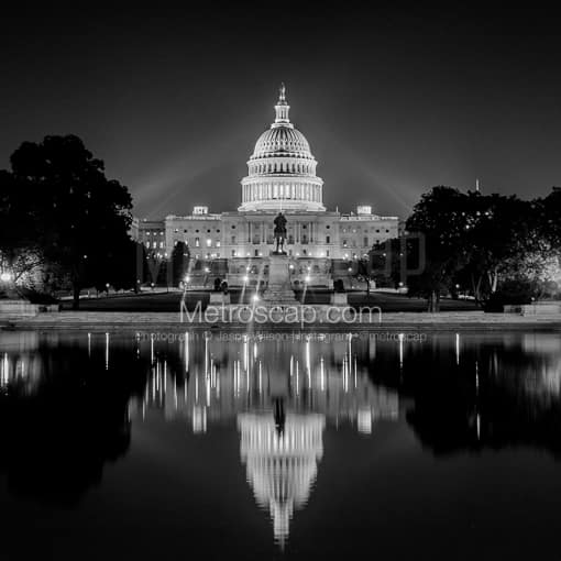 Matte Black MDF Framed Black and White Washington DC Photograph: The United States Capitol Building and Capitol Reflecting Pool in a Square Matte Black MDF Frame