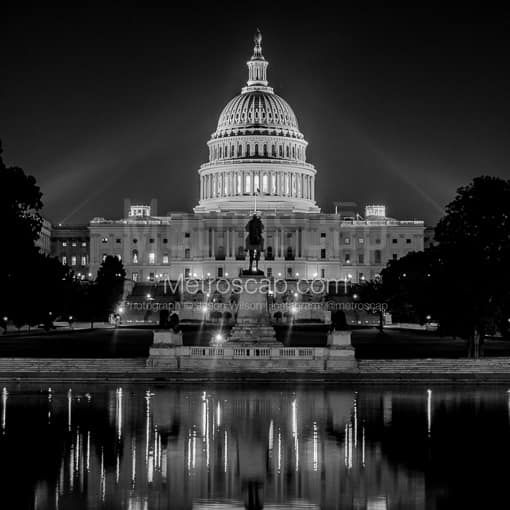 Matte Black MDF Framed Black and White Washington DC Photograph: The Ulysses S Grant Memorial and US Capitol Building in a Square Matte Black MDF Frame