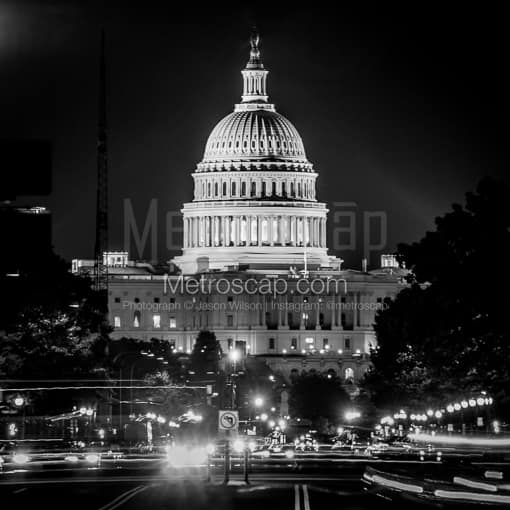 Matte Black MDF Framed Black and White Washington DC Photograph: The US Capitol Building from Pennsylvania Avenue in a Square Matte Black MDF Frame