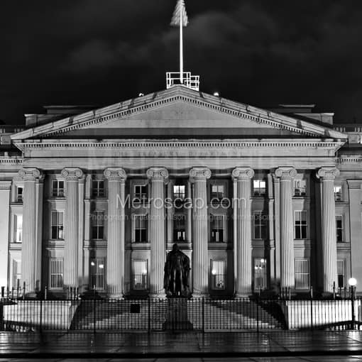 Matte Black MDF Framed Black and White Washington DC Photograph: The US Treasury Department Building in a Square Matte Black MDF Frame