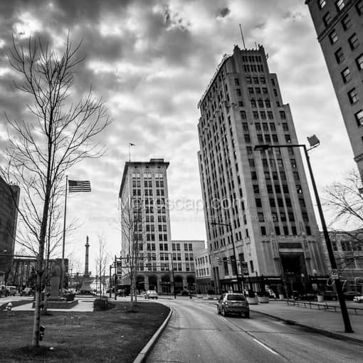 Matte Black MDF Framed Black and White Youngstown Photograph: Federal Plaza at Market Street in a Square Matte Black MDF Frame
