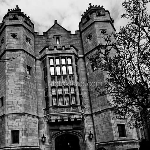 Matte Black MDF Framed Black and White Youngstown Photograph: Jones Hall on Youngstown State University Campus in a Square Matte Black MDF Frame