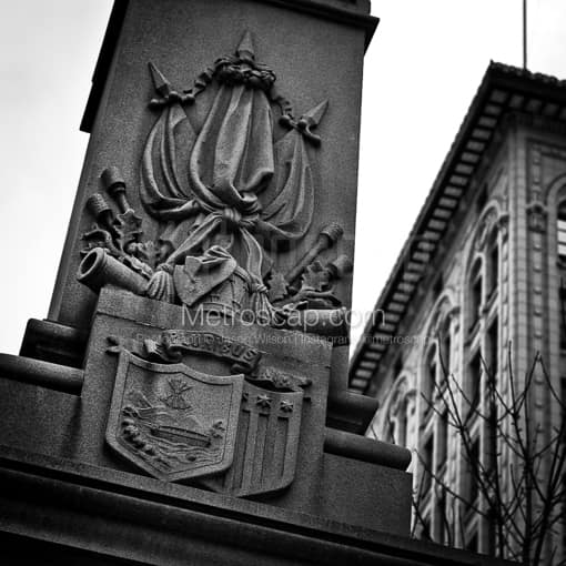 Matte Black MDF Framed Black and White Youngstown Photograph: A War Memorial in Downtown Youngstown in a Square Matte Black MDF Frame
