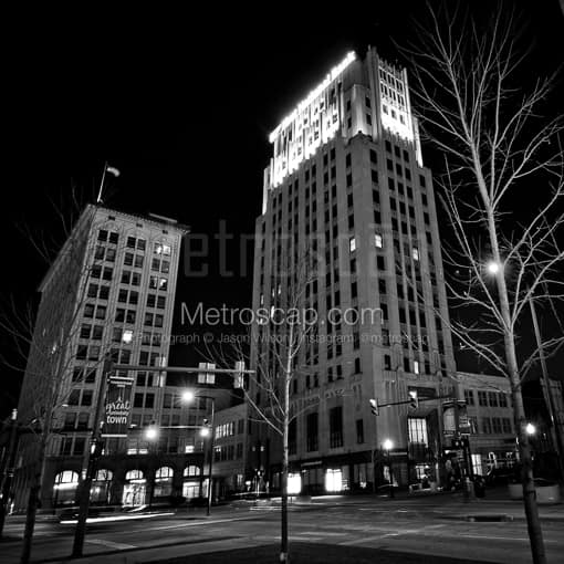 Matte Black MDF Framed Black and White Youngstown Photograph: Youngstown Federal Plaza at Night in a Square Matte Black MDF Frame