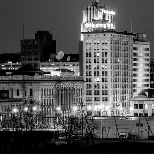 Matte Black MDF Framed Black and White Youngstown Photograph: The Youngstown Skyline at Night in a Square Matte Black MDF Frame