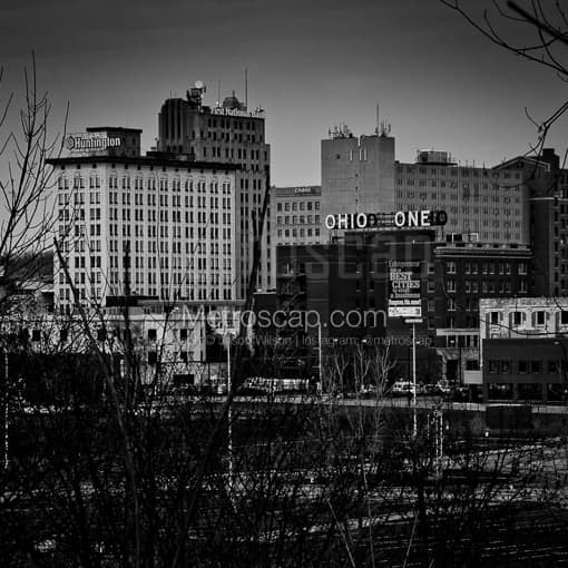 Matte Black MDF Framed Black and White Youngstown Photograph: Youngstown Skyline from Woodland Ave. in a Square Matte Black MDF Frame