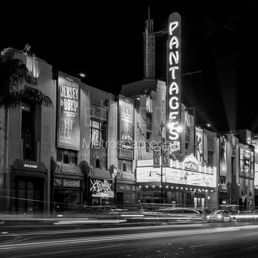 Matte Black MDF Framed Black and White Los Angeles Photograph: The Pantages Theatre on Hollywood Blvd. in a Square Matte Black MDF Frame